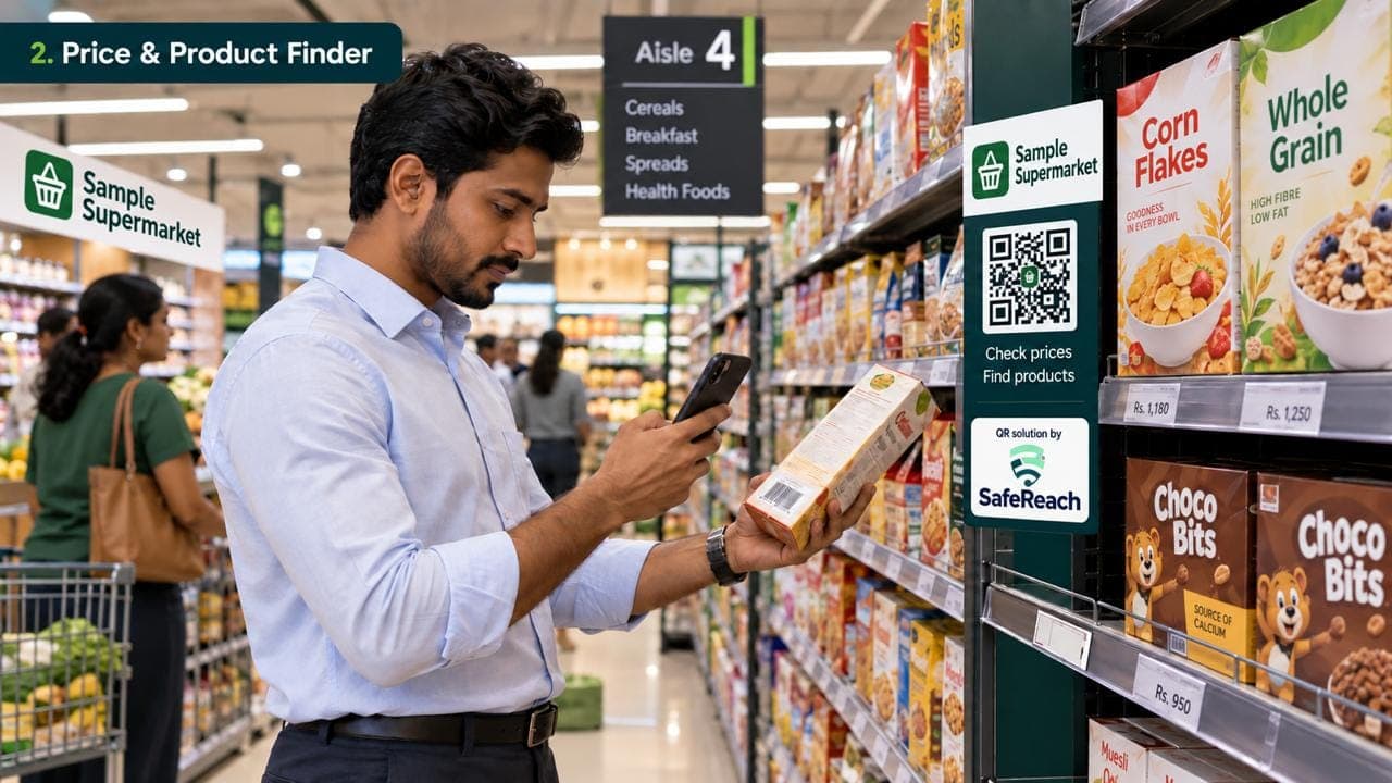 SafeReach "விலை பாருங்கள், பொருட்களைக் கண்டறியுங்கள்" டேக்கின் அருகே தானிய வரிசையில் பொருளின் பார்கோடை ஸ்கேன் செய்யும் வாடிக்கையாளர்