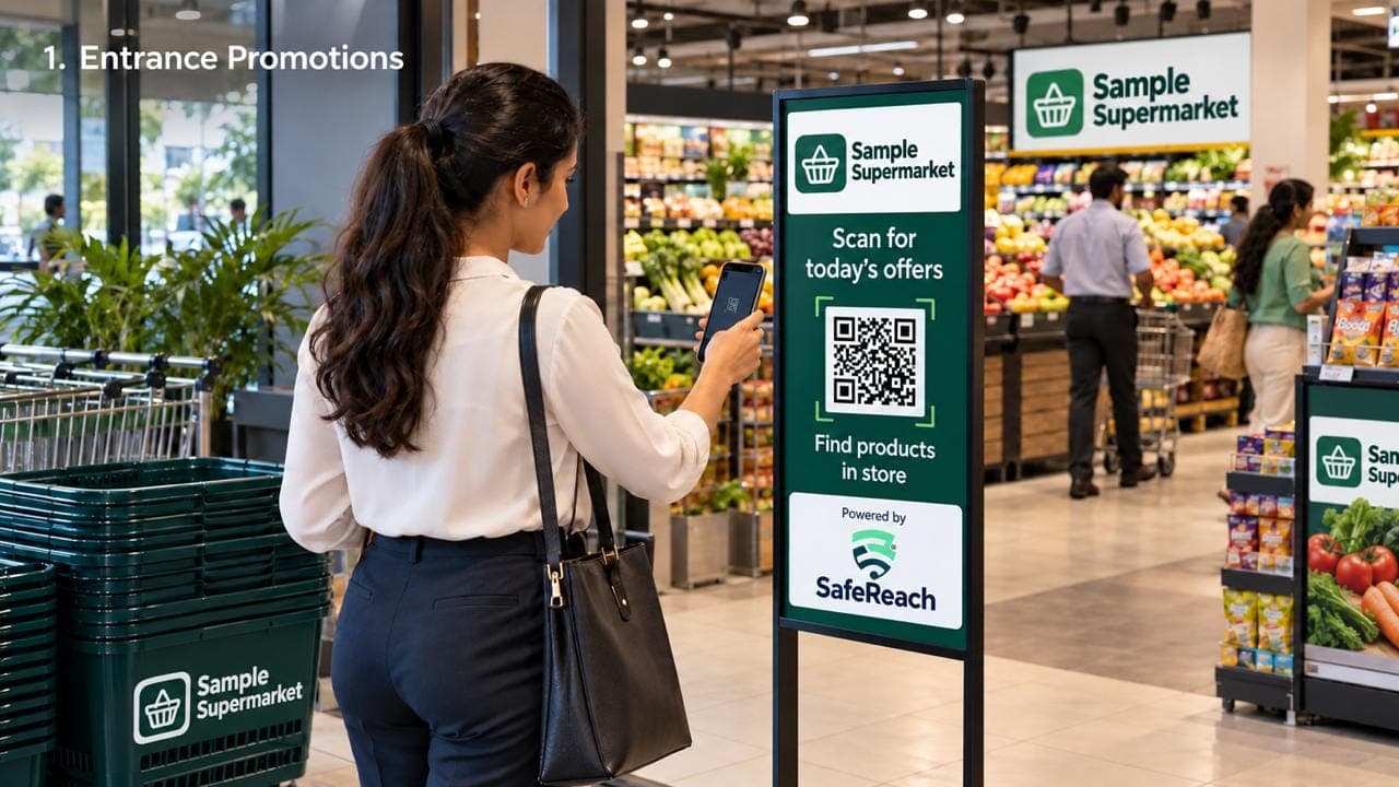 பல்பொருள் அங்காடியின் நுழைவாயிலில் SafeReach "இன்றைய சலுகைகளுக்கு ஸ்கேன் செய்யுங்கள்" பலகையைத் தொலைபேசியால் ஸ்கேன் செய்யும் வாடிக்கையாளர்