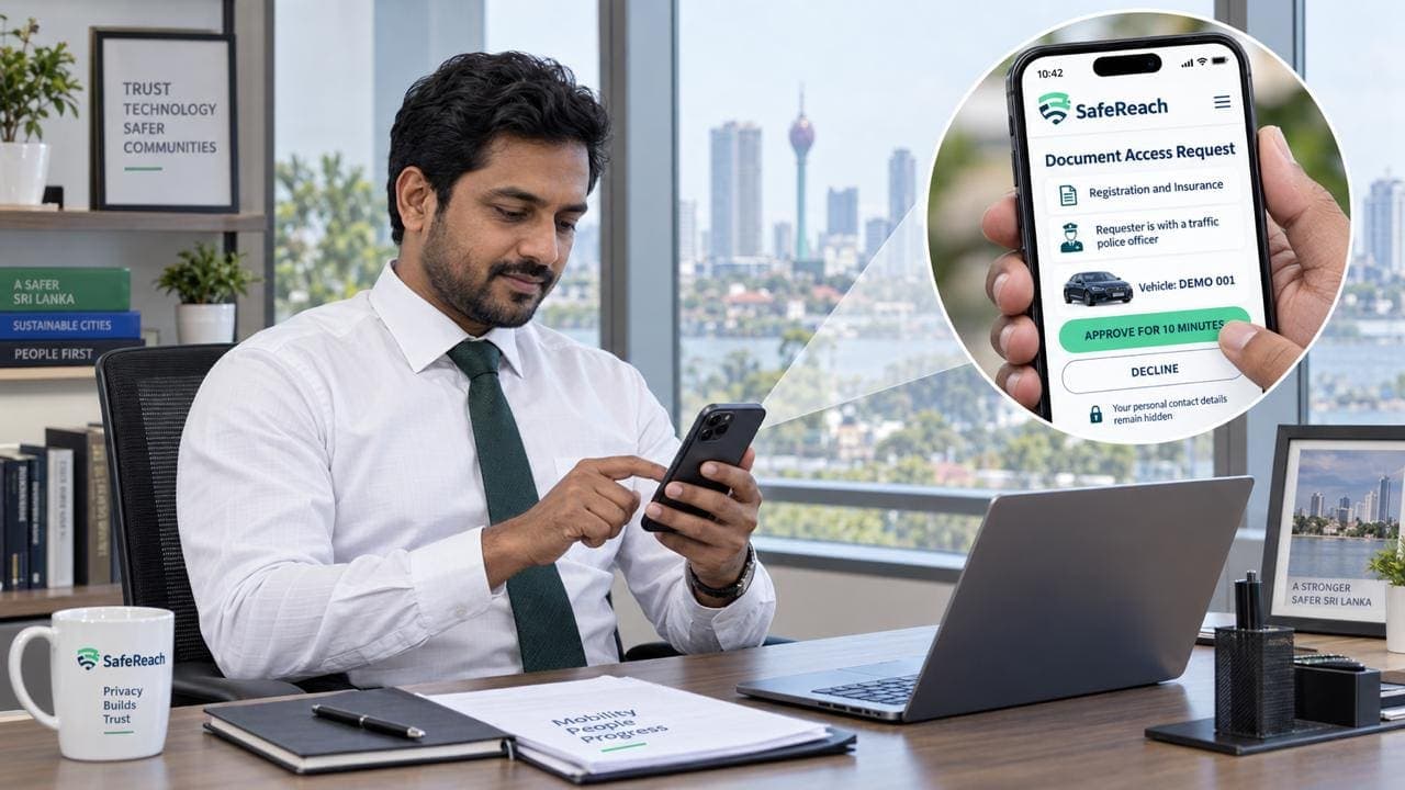 A man at his office desk approves a document access request on his phone, showing 'Document Access Request — Registration and Insurance — Requester is with a traffic police officer — Approve for 10 minutes' with a Decline option.
