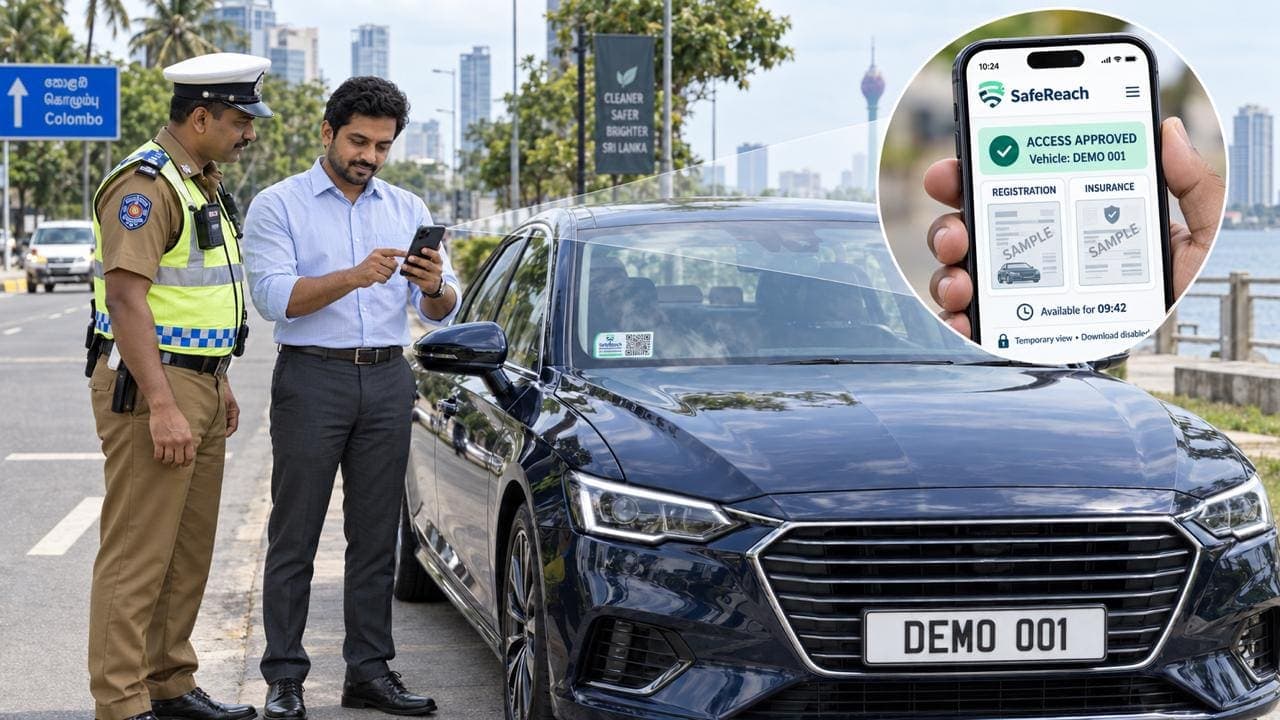 The traffic officer and driver look at a phone screen showing 'Access Approved — Vehicle: DEMO 001 — Registration — Insurance — Available for 09:42 — Temporary view, download disabled'.