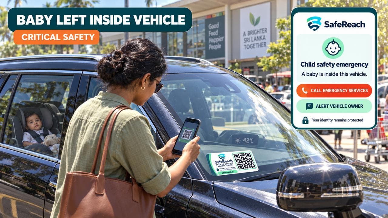 A woman scans a SafeReach tag on a car window after noticing a baby alone inside, next to a screen showing a child safety alert.