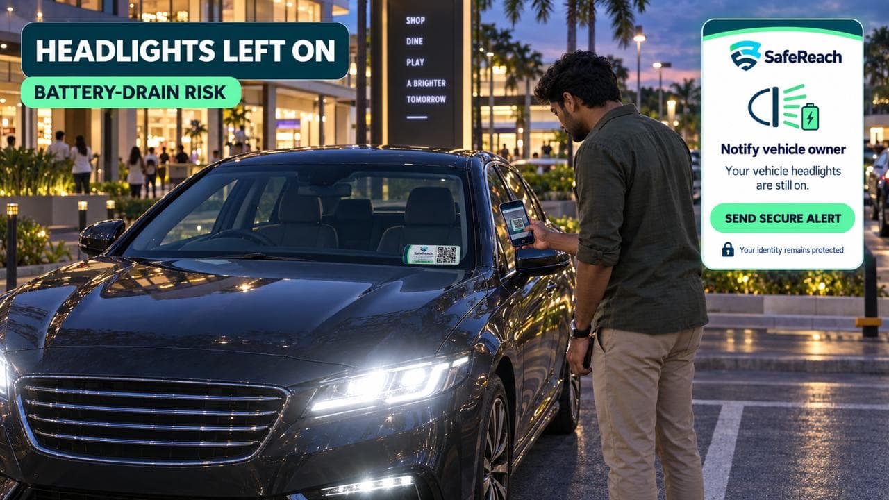 A man scans a SafeReach tag on a car with its headlights left on at dusk, next to a screen reading 'Notify vehicle owner — your vehicle headlights are still on'.