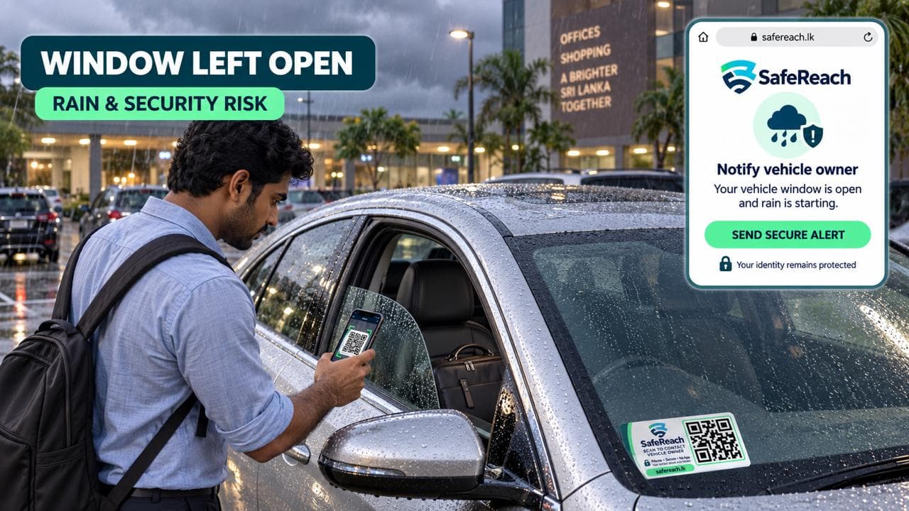 A man scans a SafeReach tag on a car with its window left open in the rain, next to a screen reading 'Notify vehicle owner — your vehicle window is open and rain is starting'.