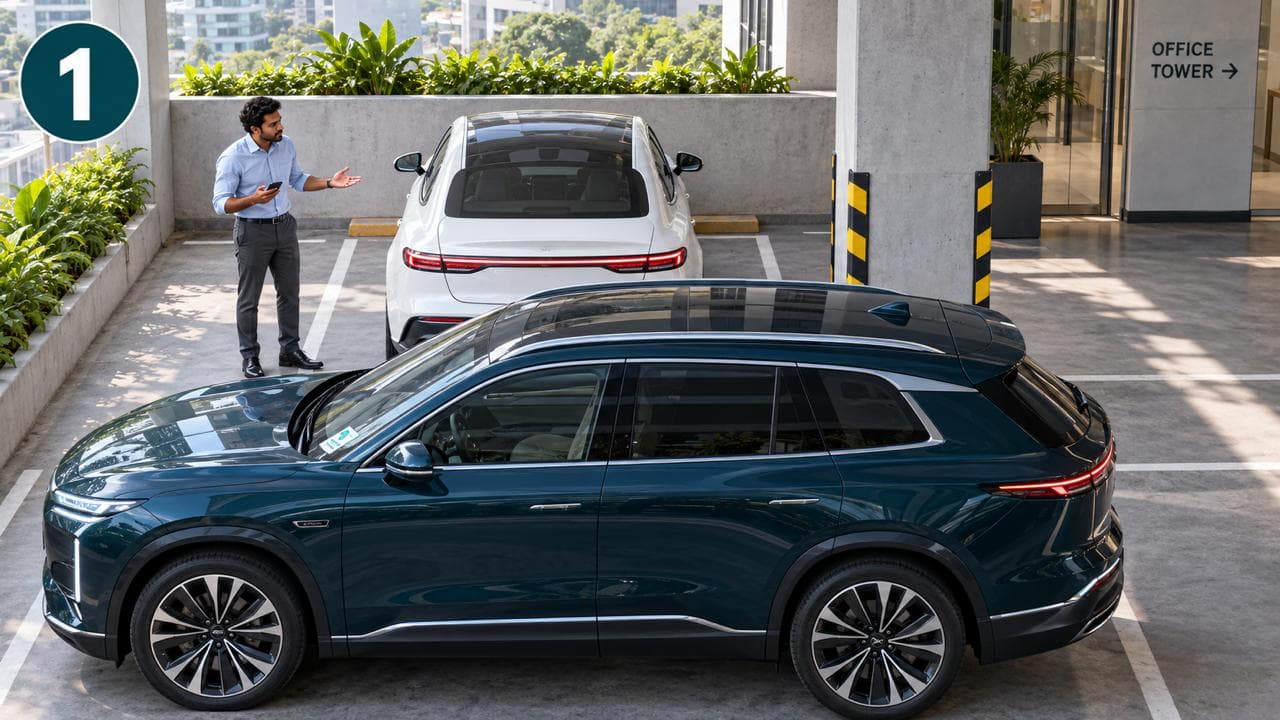 A man stands beside a parked SUV that is blocking his car in a parking garage.