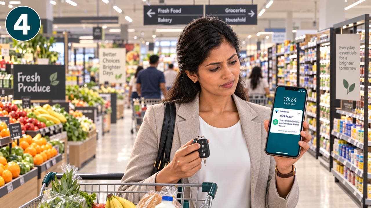 A woman shopping in a supermarket looks at a phone notification reading 'Vehicle alert: Your vehicle is blocking another vehicle. Please move it. Sender details are protected.'